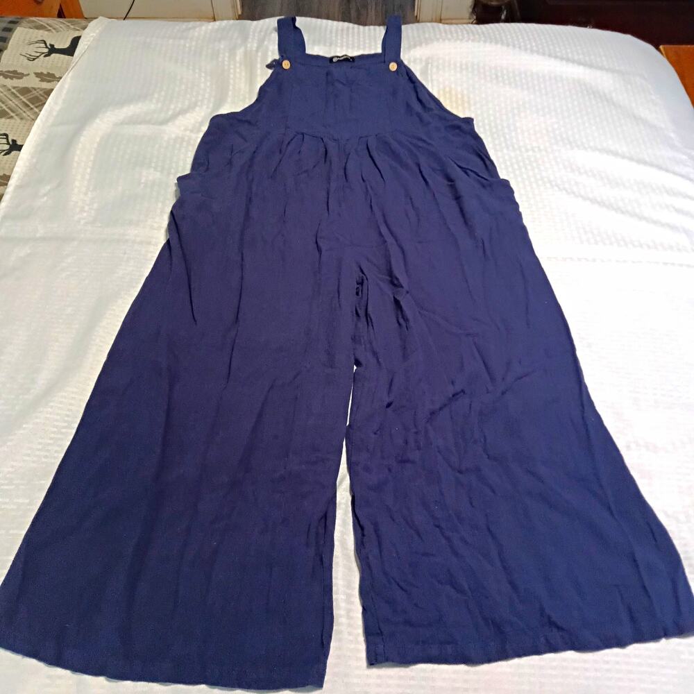 PrettyGarden Blue Cotton Linen Jumpsuit XL Wide-Leg Sleeveless Button Straps